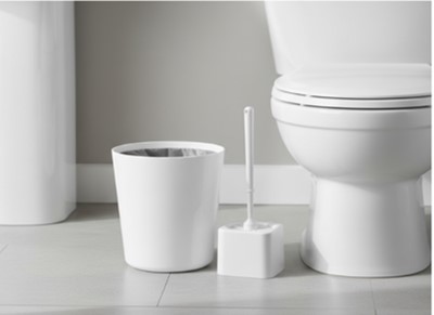 Modern polystyrene bathroom accessories set with toilet brush and waste bin